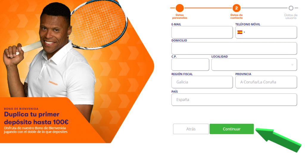 Registrarse en Betsson con bonos promocionales exclusivos 4 Continúa el registro en Betsson