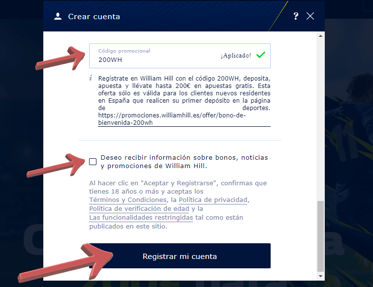 Registrarse en Willliam Hill con códigos promocionales 7 completar registro William Hill
