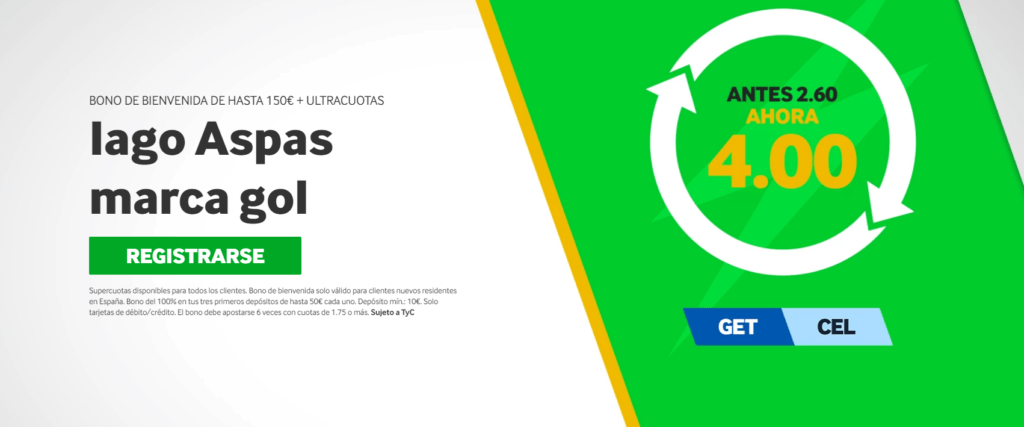 Supercuota Celta de Betway a que Iago Aspas marca: ¡4.00! 2 supercuota celta de betway