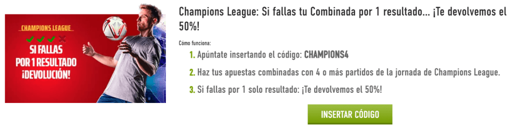 ¡Seguro del 50% para la Champions League en Sportium! 2 champions league combinadas sportium